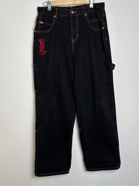 South Pole Men's Black Baggy Jeans with Red Embroidery Medium